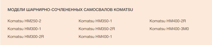 Модельный ряд и характеристики шарнирно-сочлененных самосвалов KOMATSU
